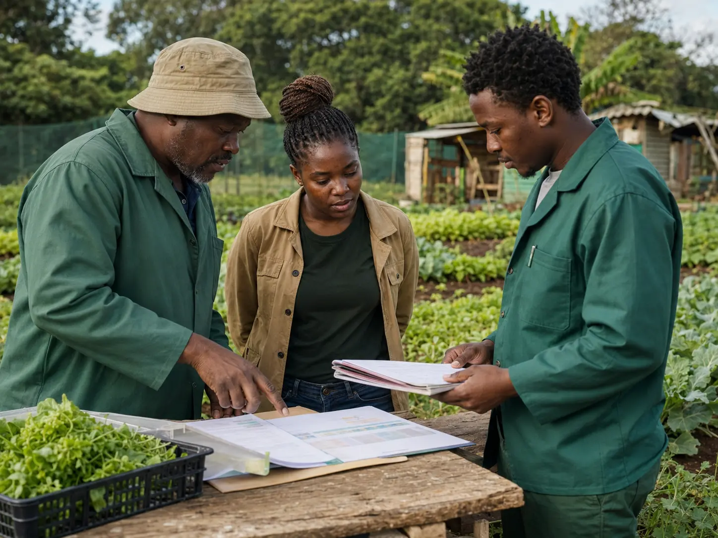 Agricultural mentor reviewing enterprise plans with young entrepreneurs